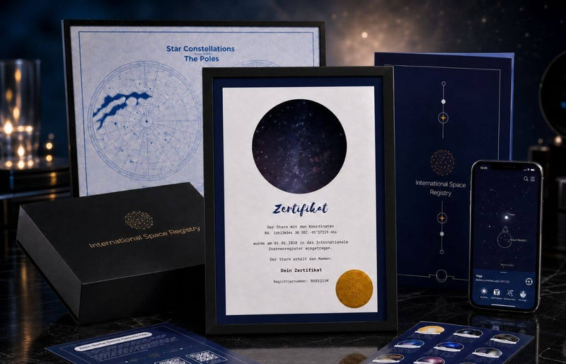 Sterntaufe Geschenkset mit Zertifikat und Unterlagen auf schwarzem Marmortisch