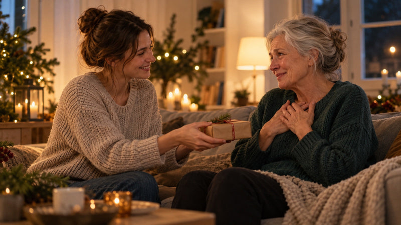 Tochter überreicht ihrer Mutter ein persönliches Weihnachtsgeschenk