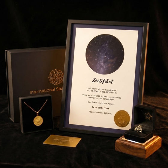 All-in-One Premium Set mit Urkunde in Rahmen, Sternzeichen-Kette, Geschenkbox