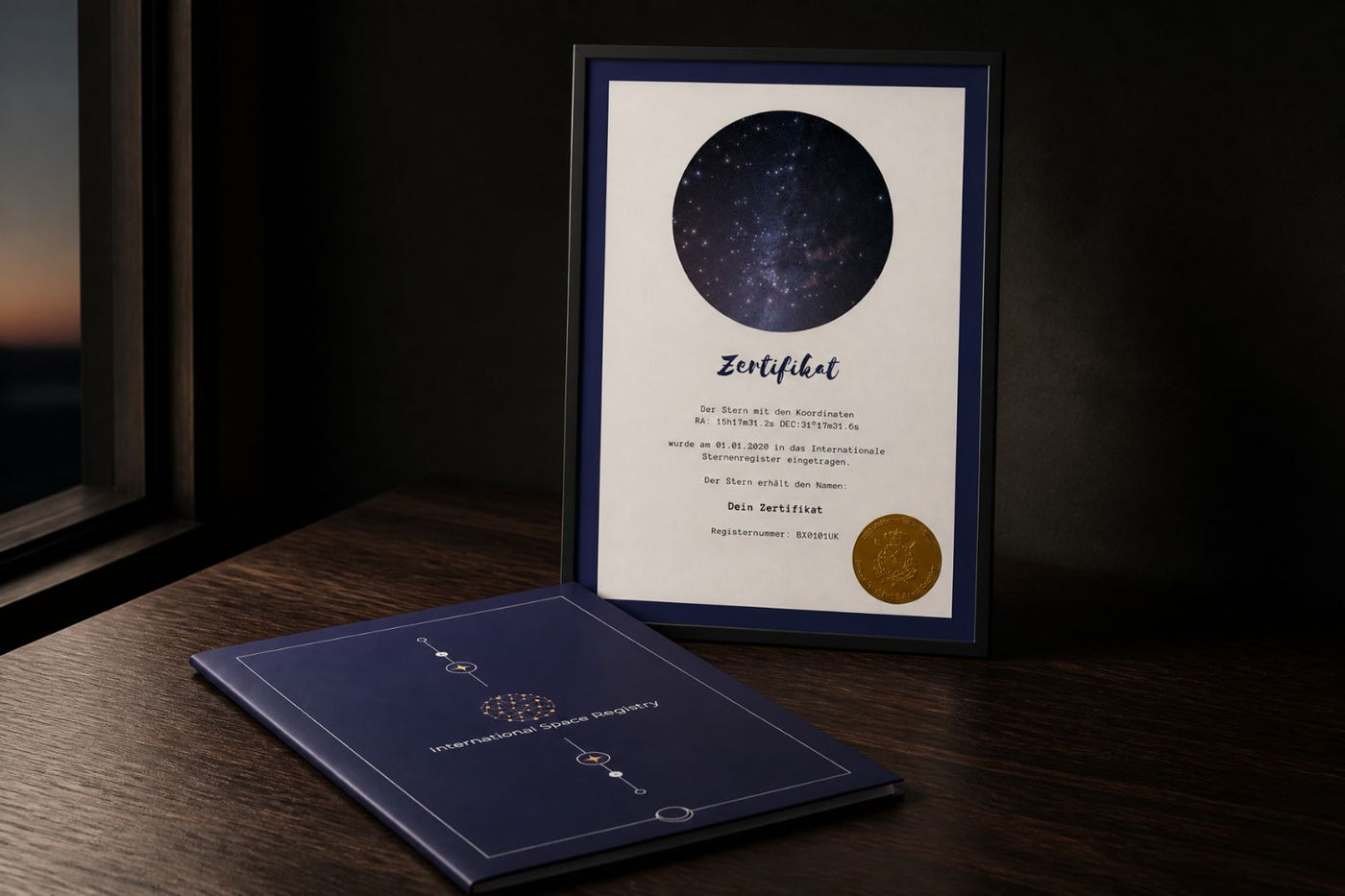 Galaxieregister Zertifikat und Präsentationsmappe als persönliche Erinnerung an einen verstorbenen Menschen
