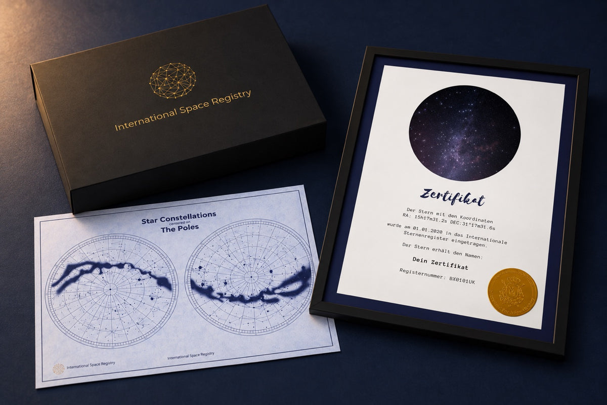 Galaxieregister Sternzertifikat mit geschlossener Geschenkbox und Sternkarte