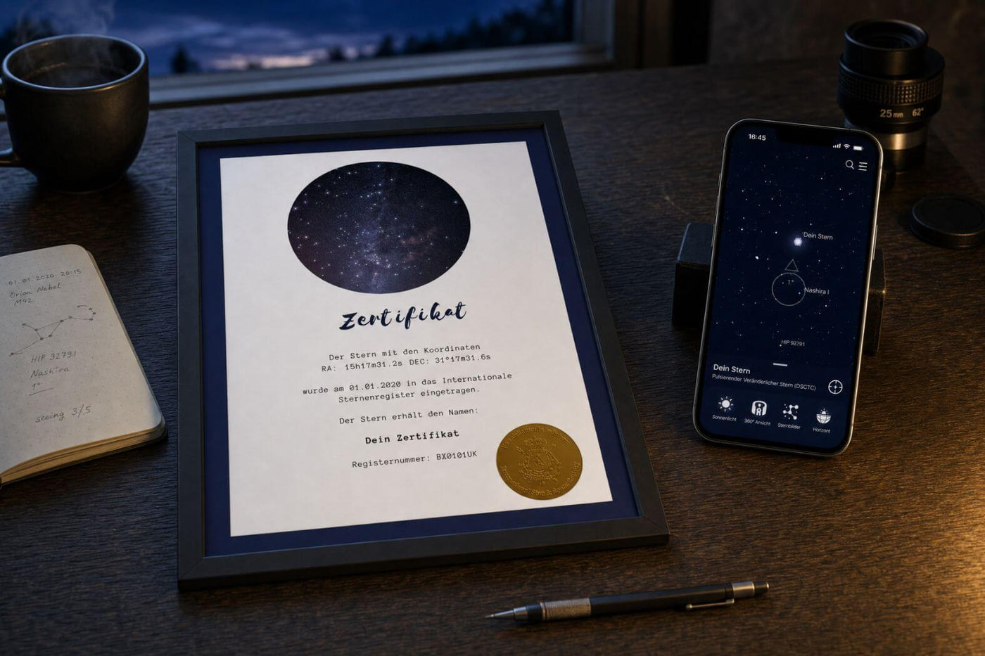 Galaxieregister Zertifikat und Universe Star Finder App zur eindeutigen Sternzuordnung