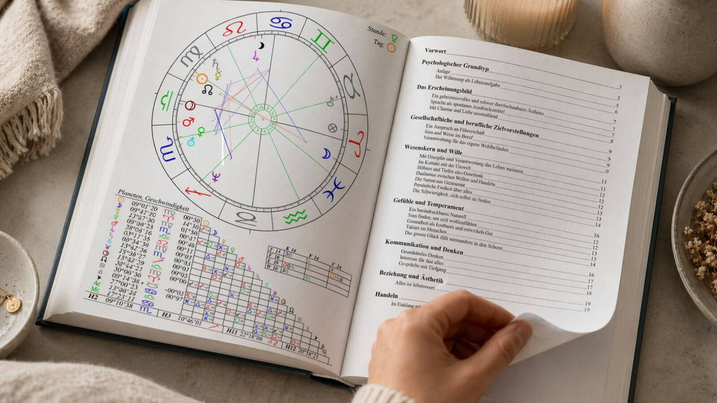 Geöffnetes Horoskopbuch mit persönlichem Radix-Chart